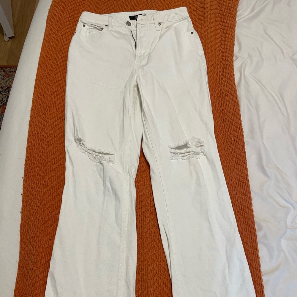 AFRM high waisted wide leg white ripped jeans